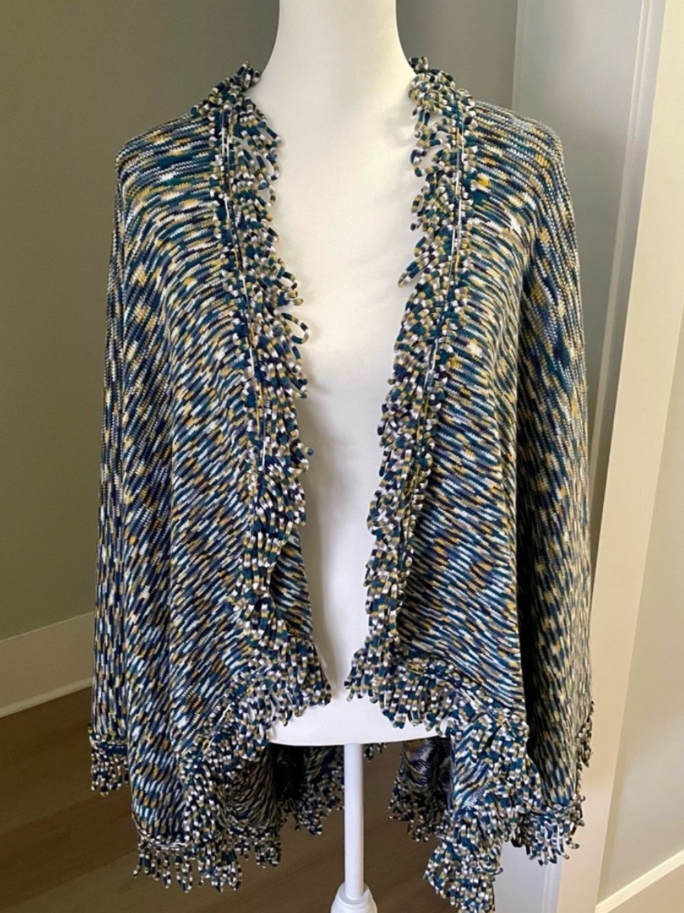 Anthropologie Moth Wrap Blue/Yellow Fringe Multi Knit Open Cardigan Shawl